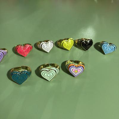 China Cute INS Beauty Enamel Cute Colorful Stripes Stainless Steel Heart Ring Set Epoxy Free Size Rings Fashion Jewelry For Girls for sale