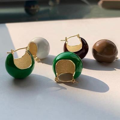 China New Retro FASHIONABLE French Geometric Enamel Glazed U-Shape Earring Fashion Jewelry Green Gold Round Ball Circle Earring For Women for sale