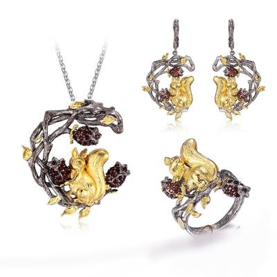 China Wholesale Fashion Silver Small Cute Squirrel And Red Zircon Gold Plated Silver Jewelry Sets for sale