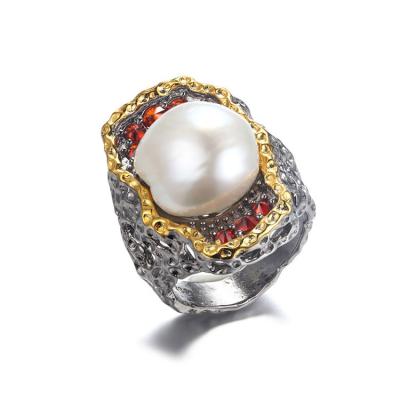 China PERFECT Vintage Guangdong Gold Plated 925 Silver Zircon Ring Button Pearl Ring Made in China for sale