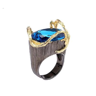 China CLASSIC Design Saudi Arabia Ring Blue Grass 925 Sterling Silver Antique Fashion Ring with Gold Plated for sale