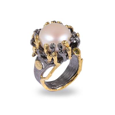 China High Quality Silver Jewelry Button Pearl Ring Design 2 Natural Tone Plating Silver Ring Jewelry for sale