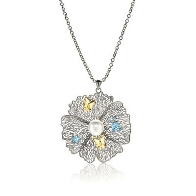 China 2022 New Arrival Vintage Fashion Luxury Gold Plated Flower Shaped Blue Crystal Pendant Necklace for sale