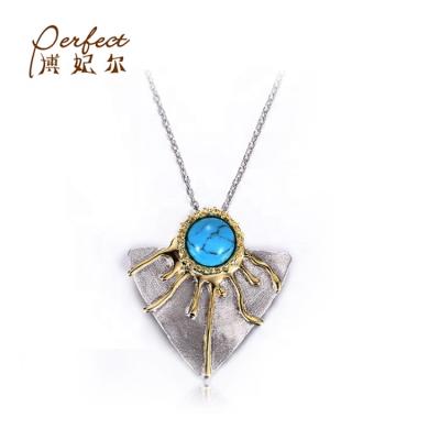 China Vintage Synthetic Turquoise 925 Sterling Silver Chain Necklace For Women With White Gold Plated for sale