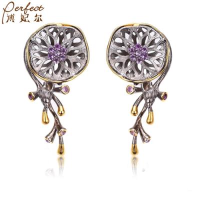 China Latest CLASSIC Saudi Amethyst Gold 925 Sterling Silver Ladies Earrings with Gold Plated for sale