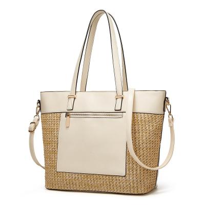 China Unique Fashion Latest Design Straw Woven PU Leather Decorative Tote Bag With Zipper Straw Woven Handbag For Woman for sale