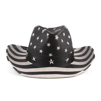 China Hot Sale Wholesale Amazon Europe Striped And America Style Western Straw Cowboy Party Jazz Hat For Adults for sale