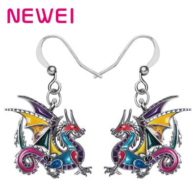 China Trendy 3D Roar Floral Dinosaur Alloy Enamel Chinese Dragon Earrings Big Drop Dangle Long Jewelry For Women Girls Charm Gifts for sale