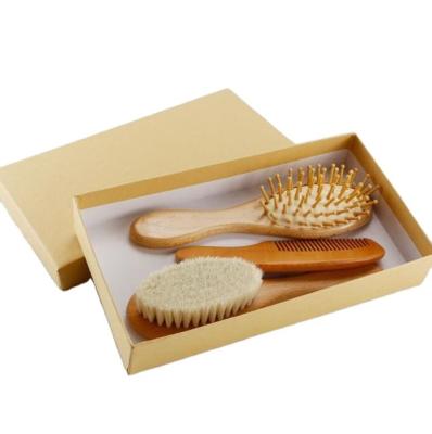 China Cushion Paddle Compact Around 3 Pieces / Set Wooden Baby Hair Brush And Comb Set Natural Goat Baby Hair Playbrush for sale