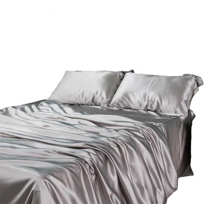 China Solid Color Artificial Silk Anti-static Smooth Satin Two Pillowcases One Sheet One Flat Layer Fitted Sheet Bedding Set for sale