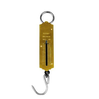 China Precision 25kgs Aluminum Fishing Weighing Balance Hanging Flat Scale Small Weight Hook Dial Spring Pocket Portable Crane for sale