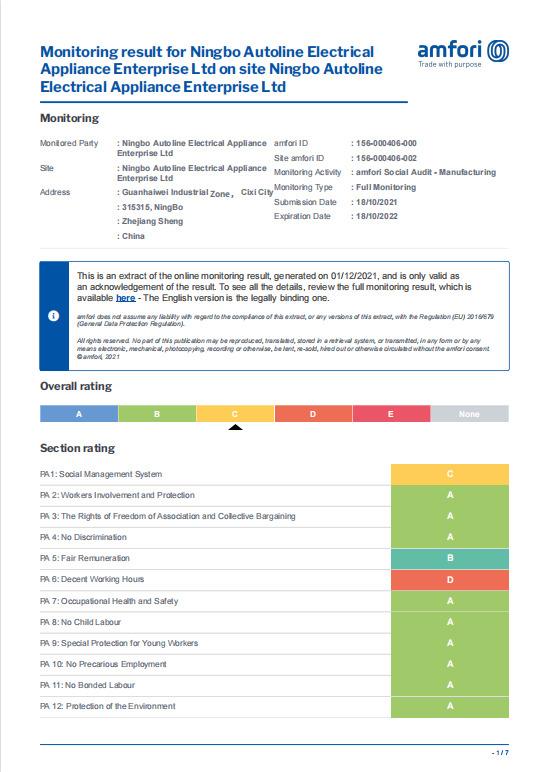 BSCI - Ningbo Autoline Electrical Appliance Enterprise Ltd.