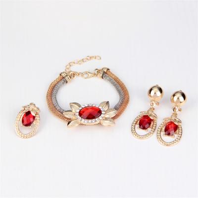 China Spain Fashion Environmental Friendly Jewelry Set Custom Alloy Necklace Pendant Bracelet Set Big Red Diamond Jewelry Set for sale