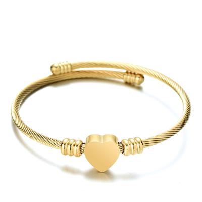 China Hot Selling High Quality Stainless Steel Bangle Love Heart Gold Bangle 24K Gold Plated Adjustable Bangle for sale