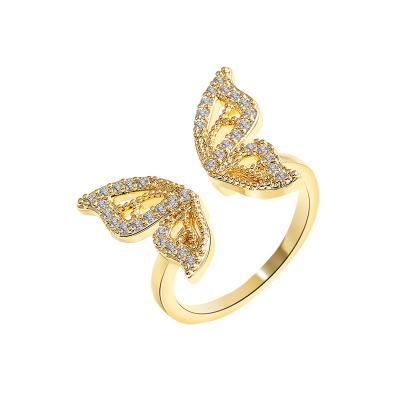 China High Quality Butterfly Rhinestone Ring Opening Proposal Adjustable Ring Woman Ring Gold Wholesale Custom for sale