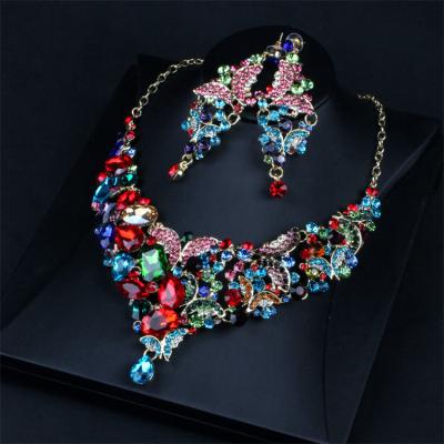 China Wholesale Colorful Spanish Crystal Butterfly Necklace Jewelry Set Vintage Bridal Necklace Earrings Jewelry Set for sale