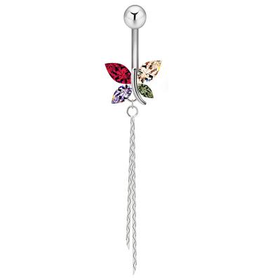 China Stainless Steel Prevent Allergy Color Zircon Butterfly Long Tassel Designs Swell Jewelry Silver Navel Nail Belly Dancer Piercing Umbilical Nail for sale