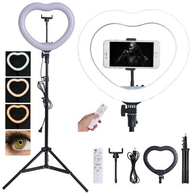 China ABS+PC 34cm 32W Heart Shaped Selfie Ring Light Dimmable 3200-5600K with 1.6m Tripod Stand and Phone Holder for sale