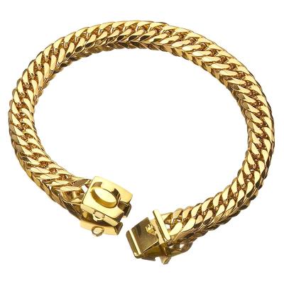 China Custom Personalized Gold Dog Chain Collar Metal Choke Collar With Design Safe Cuban Buckle 18K 16MM Walking Dog Collar 16MM for sale