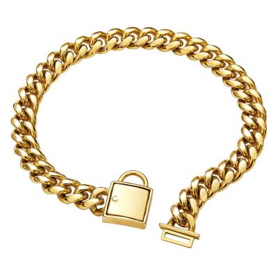 China Custom Personalized Gold Dog Chain Collar With Dog ID Tag 18K Stainless Steel Cuban Link Metal Dog Collar for sale