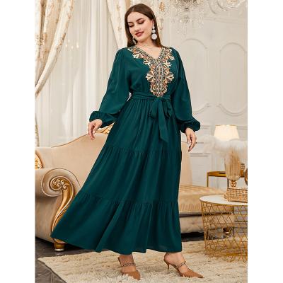 China Breathable Plus Embroidery Lantern Sleeve Ruffle Edge Belted Dress for sale