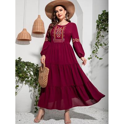 China Breathable Plus Geo Embroidery Lantern Sleeve Ruffle Edge Dress for sale