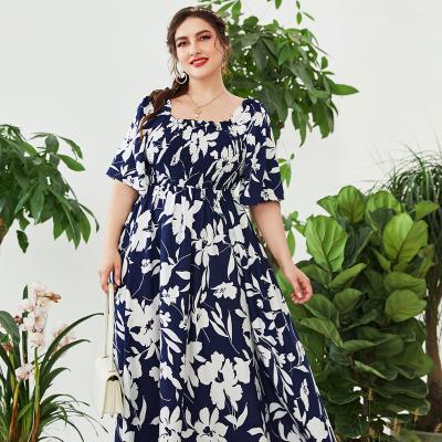 China Breathable Floral Print Plus Bubble Gimlet Trim Butterfly Sleeve Dress for sale