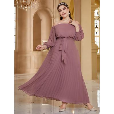 China Most Anti-Static Off Shoulder Lantern Sleeve Pleated Edge Belted Dress for sale