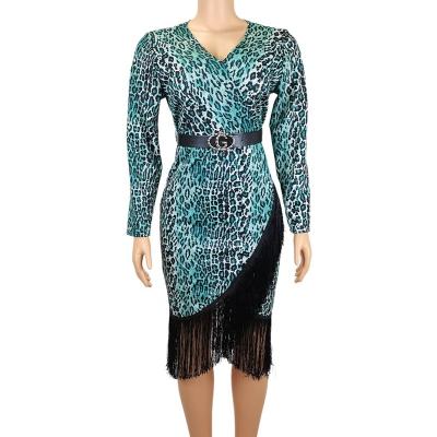 China Viable Bodycon Night Clubwear Party Celebrity Dress Tassel Leopard Printing Summer V-neck Sexy Women Elegant Dresses For Ladies for sale