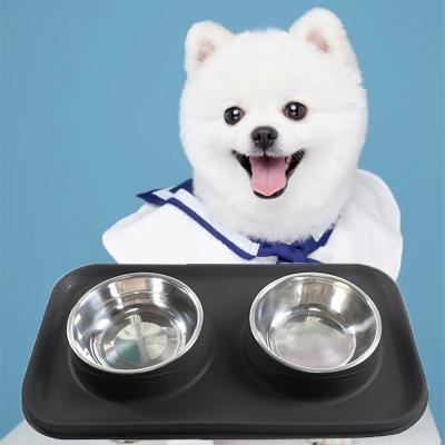 China Sustainable Custom Eco Friendly Double Dog Travel Bowls Collapsible Silicone Stainless Steel Pet Cat Dog Feeding Water Food Bowl for sale