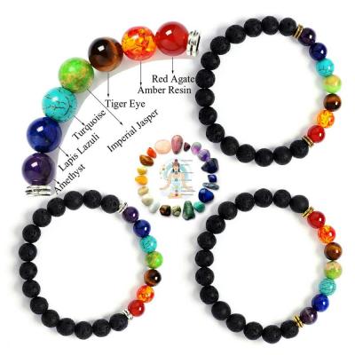 China Lead Free Nickel Free Natural Healing Lava Stone Elastic Yoga Mala Beads 7 Chakra Bracelet for sale