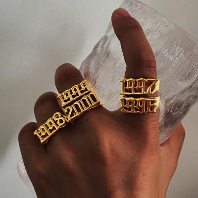 China High Quality Custom Stainless Steel Non English Tarnish Name Logo Label Year Rings 18K Old Gold Plated For Mens Jewelry for sale