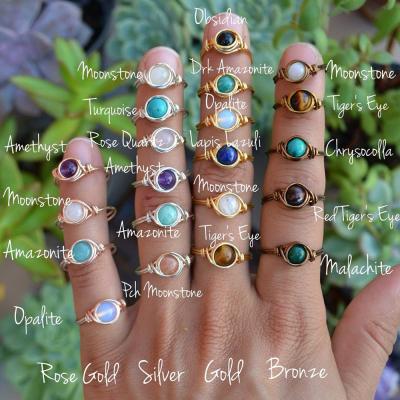 China CLASSIC Fashion Gold Plated Colorful Round Bead Gemstone Moonstone Tiger Eye Handmade Wire Wrapped Crystals Healing Stones Rings for sale