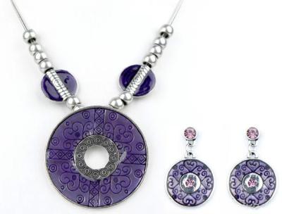 China Retro Round Pendant Necklace alloy enamel purple green earrings jewelry wholesale BJX-4328 for sale