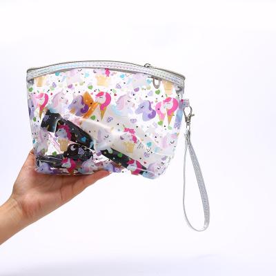 China Girls Universal Full Color Transparent Unicorn Bag Pouch Makeup PVC Clear Printing Cosmetic Bag With Handle for sale