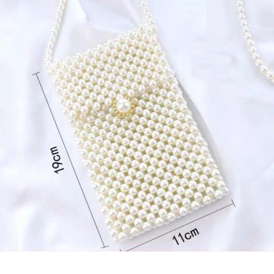 China Handmade mini style pearl sling bag, wholesale cross - body pearl phone bag with long shoulder strap for sale