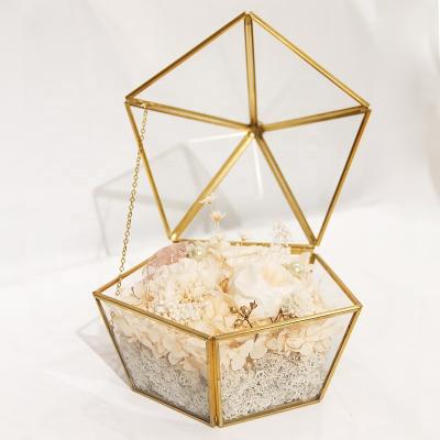 China Wholesale High Quality Natural Touch Real Nature Figure Gold Frame Mini Greenhouse Preserved Rose Geometric Glass Box for sale