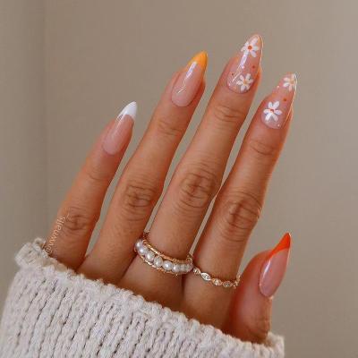 China Easy Apply Global Hot Selling Star 24pcs/Set Flower Almond French Orange Style False Nails for sale