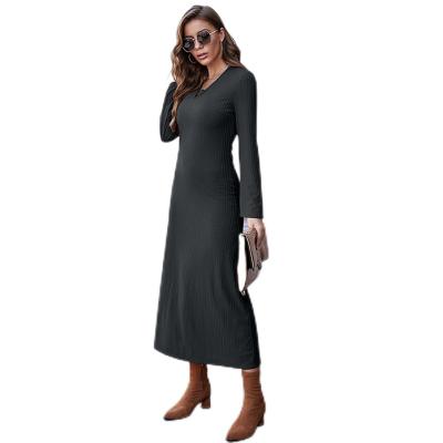 China Autumn Solid Maxi Dress Elegant Ladies Long O Neck Breathable Flower Women's Clothing Sheath Knitted Casual Dress For Women for sale