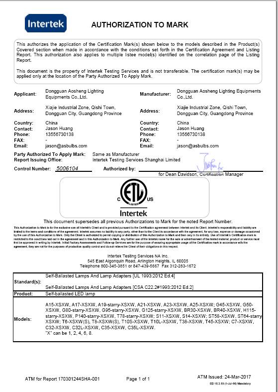 ETL - Dongguan Aosheng Lighting Equipments Co., Ltd.