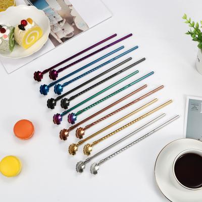 China Reusuable Straw Spoon Flower Shaped Colored Stainless Steel Straws Metal Viable Coffee Spoons for sale