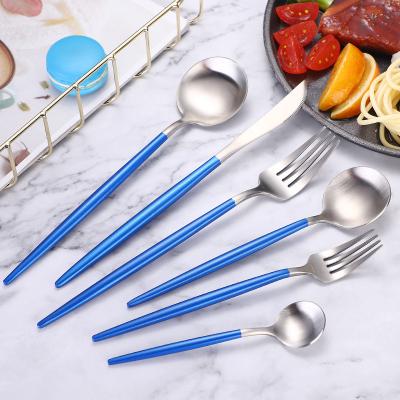 China Viable Reusable Blue Handle Flatware Silver Fork Knife Spoon Stainless Steel Cutlery Set for sale