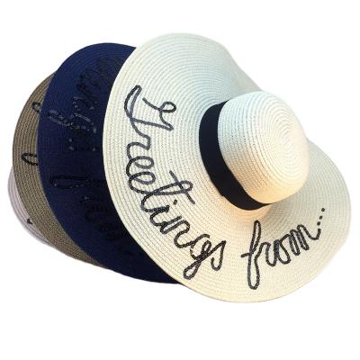 China Custom Sun Protection Fashion Letter Eaves Big Straw Hat Seaside Travel Vacation Creative Beach Sequined Hat Wholesale for sale