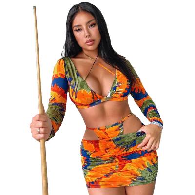 China 2021 new Anti-wrinkle Anti-wrinkle crop tops and miniskirt costumes long sheath printed sexy lingeries Navel-baring two-piece short lingerie sets women for sale