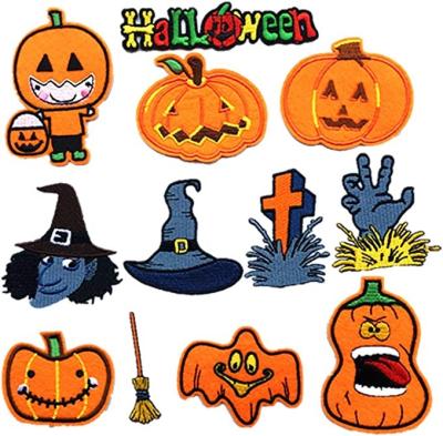 China Wholesale custom workable embroidery broom magician pumpkin style Halloween apparel processing iron patch props applique for sale