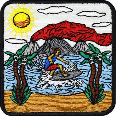 China Viable Custom Hawaiian Surfer Paradise Embroidered Patches Apparel Accessories Patch Stickers Wholesale Aloha Palm Volcano Logo for sale