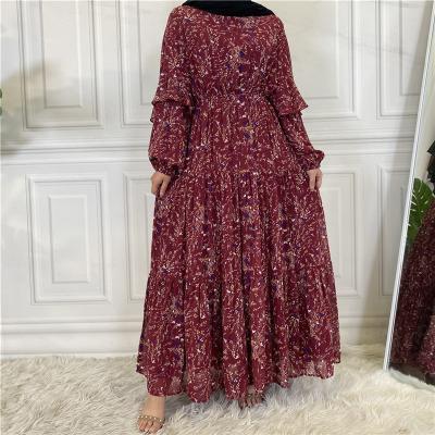 China 2022 New Cotton Long Sleeve Print Striped Chiffon Muslim Women's Large Lace Skirt Swing Dress for sale