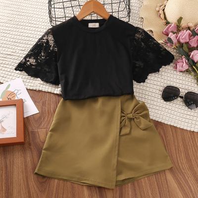 China New Summer Breathable Breathable Casual Comfortable Fit Lace Butterfly Short Sleeve Shorts Two-Piece Suit Girl Clothing for sale