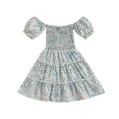 China Girls Breathable Breathable Dress Summer Bubble Sleeve Sky Blue Flower Princess Skirt New Fashion Cotton Stain Wholesale for sale