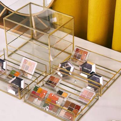 China Wholesale Metal Glass Sustainable Gold Make Up Drawer Organizer Makeup Organizer Storage Box for sale